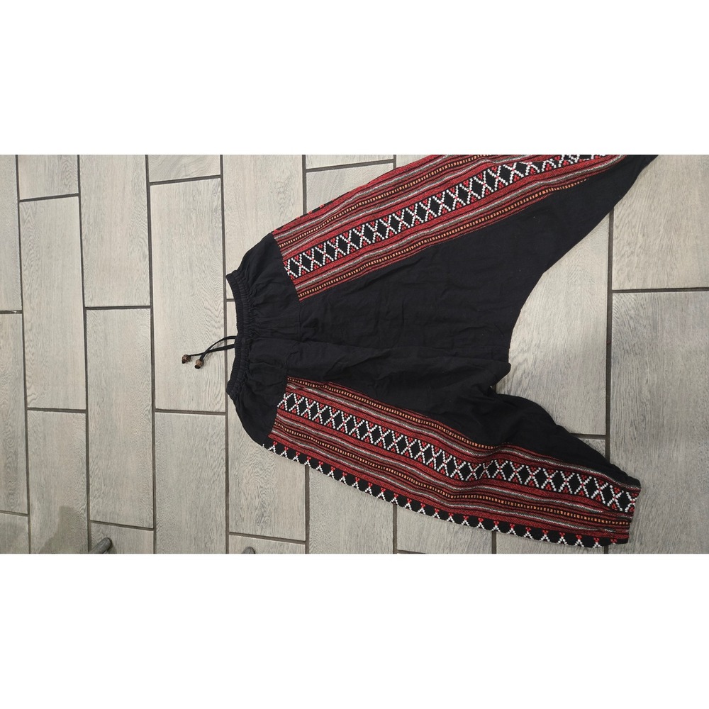 Boho Tribal Embroidered Drop Crotch Harem Pants Black Red Geometric Yoga Joggers - Picture 8 of 8